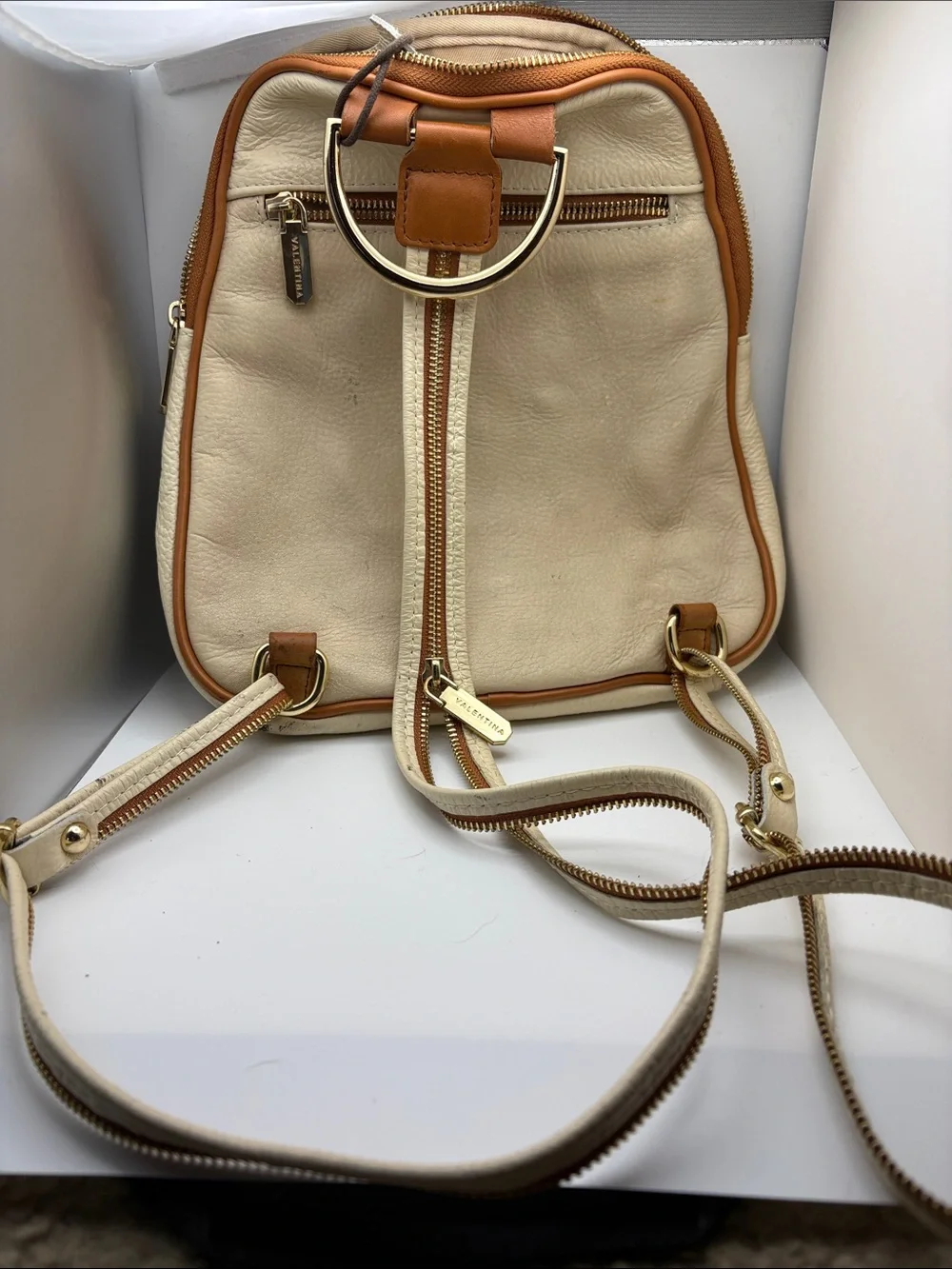 Valentina Cream and Tan Leather Backpack Crossbody